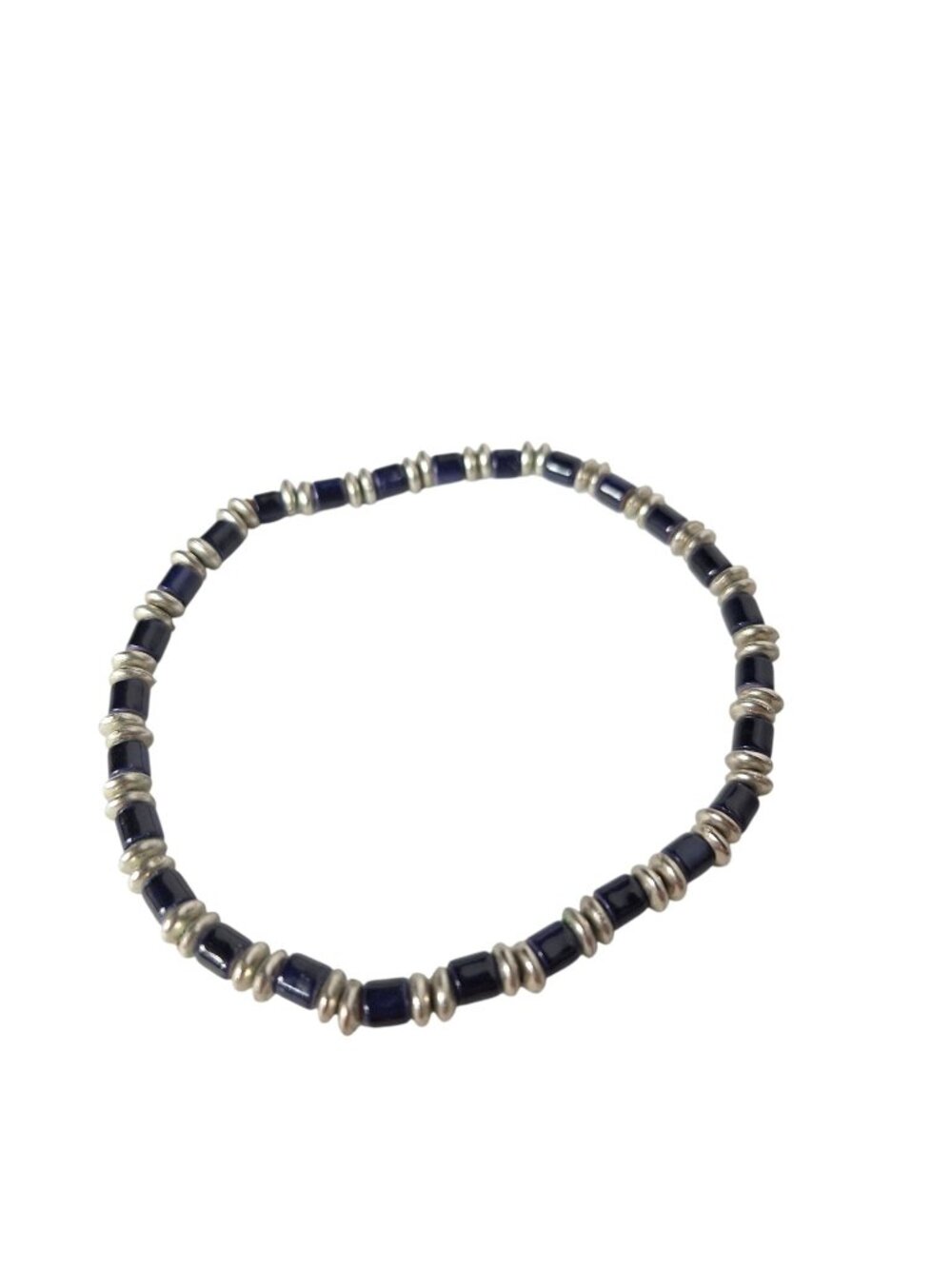 Vintage Dark Navy Blue Ceramic Tube Silver Disc Bead Stretch Bracelet